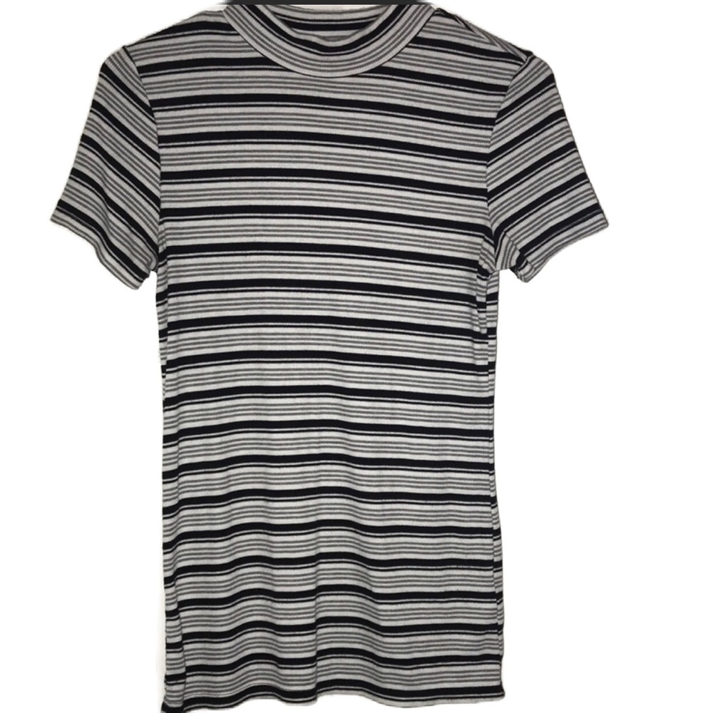 3 FOR $20 ARDENE Neutral Striped Y2K Mock Neck Large T-Shirt